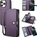 TwoHead Wallet Case Compatible with iPhone 16 Pro,Detachable Magnetic Phone Case,PU Leather All-Round Protective Cover Wallet with Card Holder/Change Pocket,6.3 in,Deep Purple