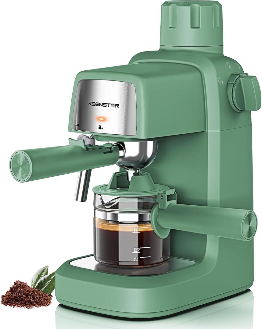 KEENSTAR 3.5Bar Espresso Machine with Milk Frother, 800W Compact Espresso and Cappuccino Machine with Preheating Function, 4 Cup Espresso Maker for Cappuccino or Latte, Gift for Coffee Lover (Green)