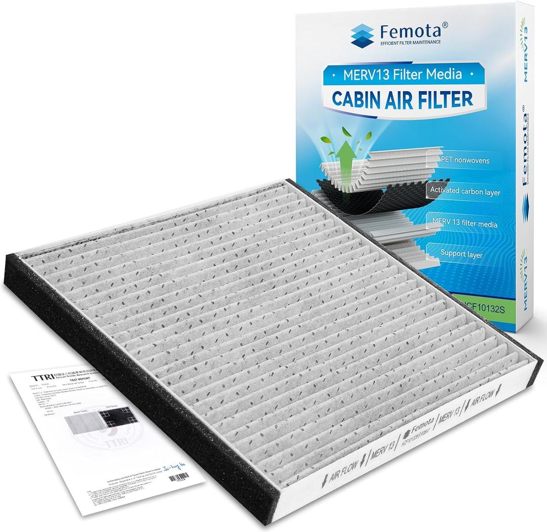 Femota Certified MERV 13 Cabin Air Filter with Activated Carbon, CF10132 (CP132) for Toyota Avalon, Sienna, Camry, Solara; Lexus ES330, GX470, RX350, RX400h.