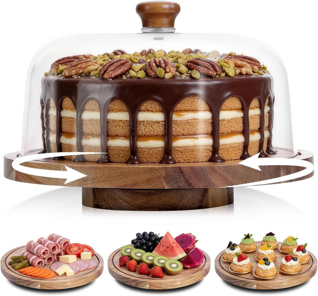 Acacia Wood Cake Stand with Lid, 12in Wooden Cake Stand with Acrylic Dome, Cake Display Stand with Acrylic Dome for Baking, Wedding, Kitchen, Birthday, Parties