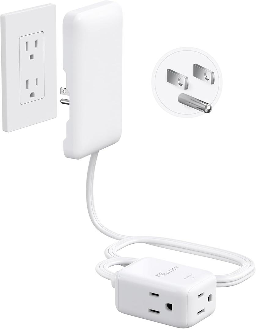 NUTICT Flat Extension Cord with 3 Outlets, 3FT Short Extension Cord Flat Wall Plug & Ultra-Thin Outlet Cover, 900J Surge Protection, 13A/1625W, ETL Listed, White Outlet Extender for Kitchen Bathroom