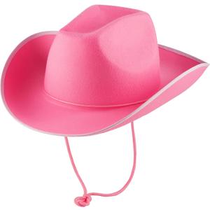 Bedwina Pink Cowgirl Hat for Women & Girls - Felt Western Cowboy Hat with White Trim & Adjustable Chin Strap - Bachelorette, Dress-Up, Rodeo, Costume Accessory, Party Favor, Themed Events (Pink)