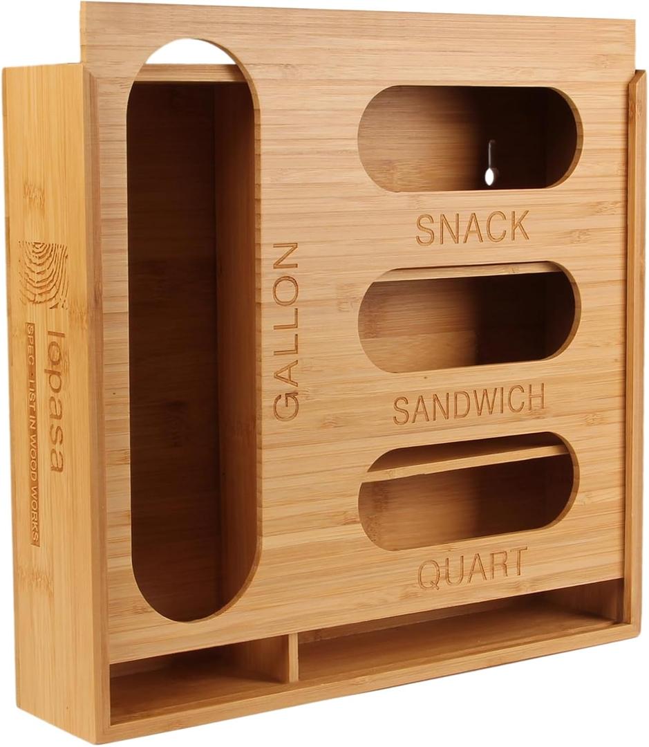 LOPASA Baggie Organizer for Drawer Compatible with Ziplock Food Storage Bag, Sandwich Bag Organization for Kitchen Drawer, Plastic Baggie Storage Box for Pantry(Bamboo)