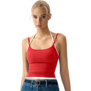 QINSEN Women's Spaghetti Strap Tank Top Slim Fitting Layered Halter Neck Sleeveless Crop Cami Shirt, Red, L
