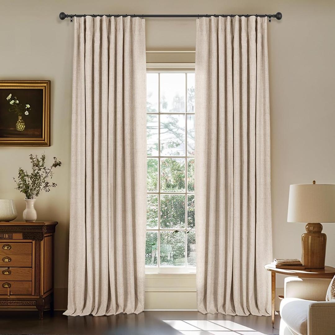 INOVADAY 100% Blackout Curtains for Bedroom, Black Out Curtains 96 Inch Long, Clip Rings Linen Blackout Drapes, Thermal Insulated Room Darkening for Living Room, 2 Panels - Oatmeal,W50xL96