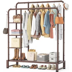 Double Rods Clothes Rack Clothing Rack with 4 Tier Storage Shelves Clothes Rack for Hanging Clothes Multifunctional Heavy Duty Clothes Organizer with Hooks for Bedroom,Wardrobe Closet,Shop,Brown