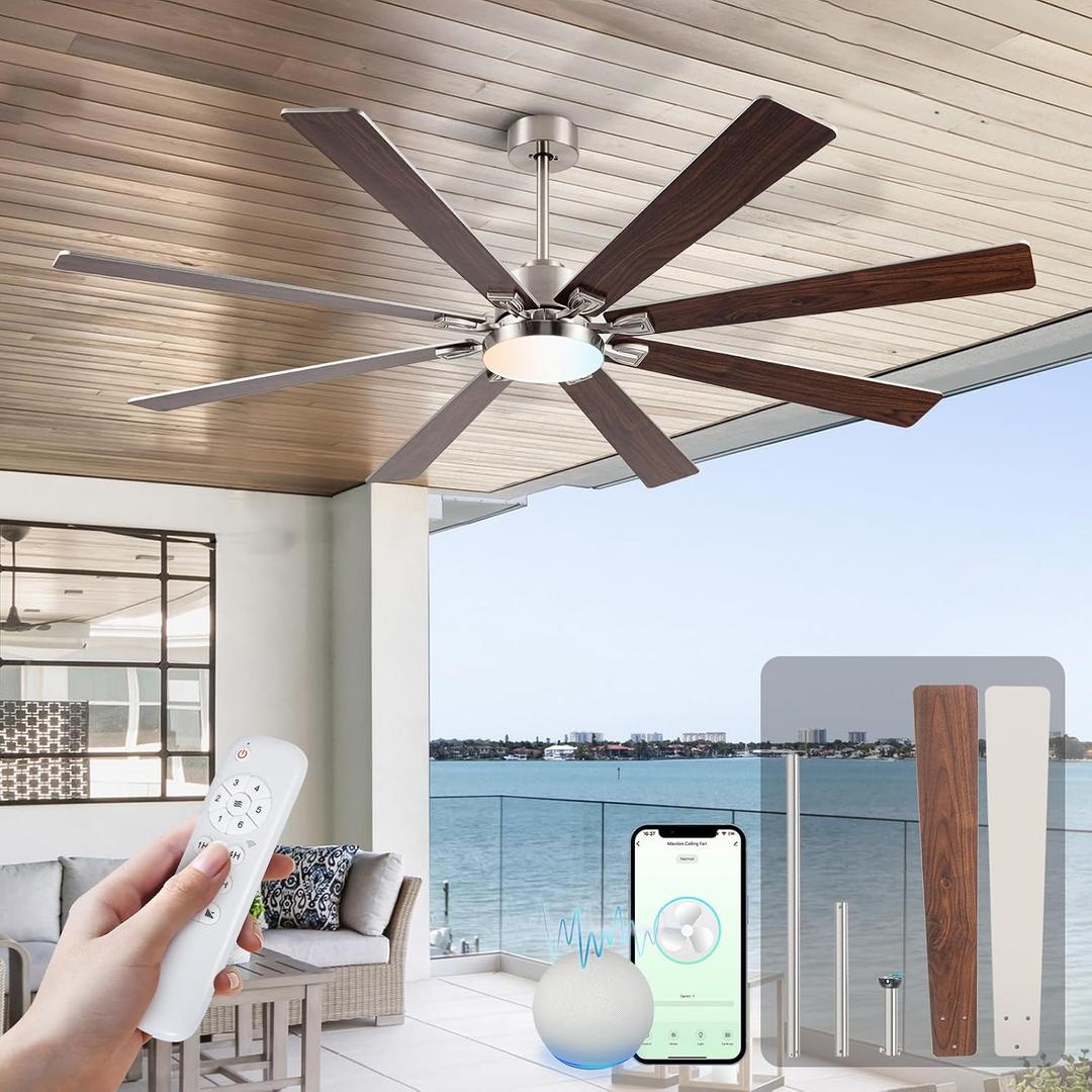 Minislak 72Inch Large Brushed Nickel Ceiling Fans with Light and Remote Control,8 Wooden Blades,6-Speeed,3CCT,Quiet Reversible DC Motor,Indoor Outdoor Ceiling Fan for Patio/Living Room/Garden