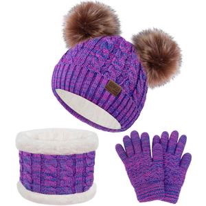 Senker Fashion Kids Winter Beanie Hat Scarf Gloves Set for Girls Boys Knit Warm Pompom Toddler Hats Mittens Neck Warmer (Purple)