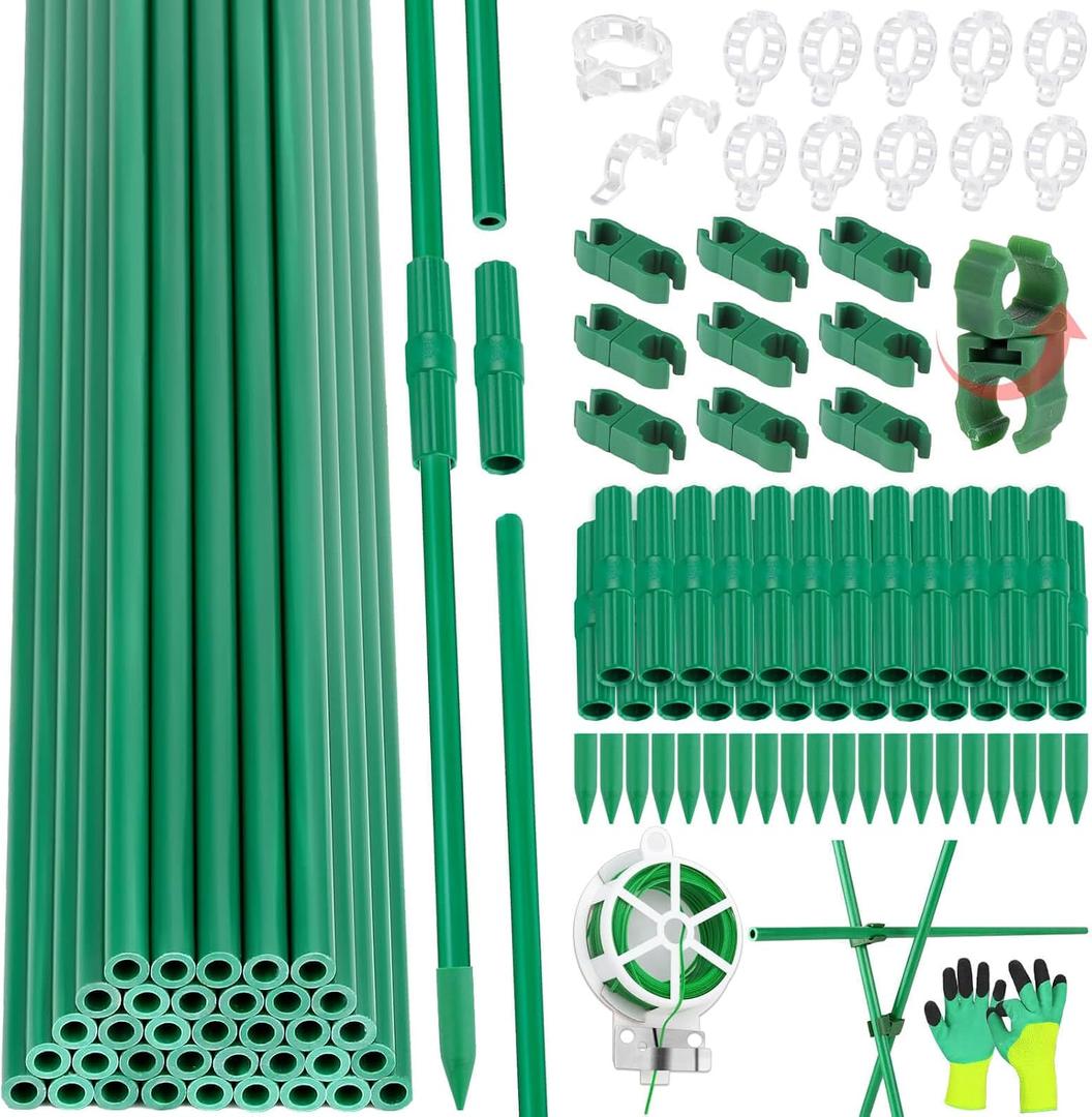 117 PCS Garden Stakes, Fiberglass Tomato Stakes, Garden Sticks | 35 Sets DIY 4ft, 5ft, 6ft, 7ft Plant Stakes with Accessories, Plant Sticks Supports for Indoor Outdoor Plants, Vegetables