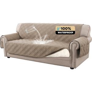 PrinceDeco 100% Waterproof Couch Cover for 3 Cushion Couch Sofa Pet Friendly Non-Slip Couch Cover for Dogs Washable Water Resistant Furniture Protector with Elastic Straps(Sofa 68", Taupe)