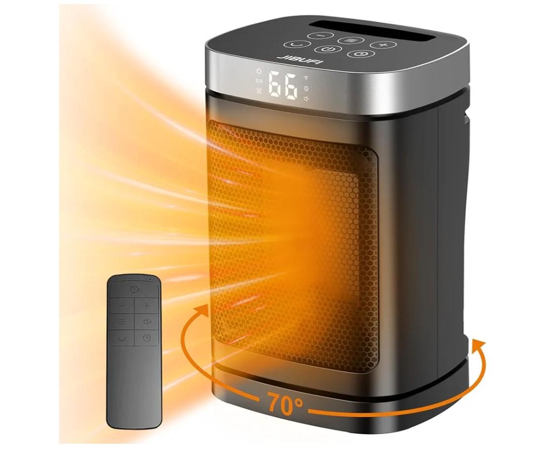Small Portable Space Heater for Indoor Use - with 70°Rotating Feature, JIBUFI 1500W PTC Electric Heater, Rapid and Safe Heating, Remote Control, 1-12 Hr Timer for Bedroom, Office