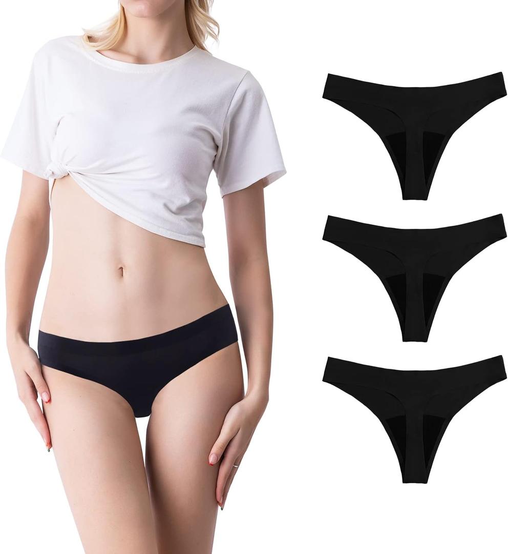 SHARICCA Women Postpartum Period Thongs 4 Layers Leakproof Underwear Panties for teen ladies Multipack (Medium, 3 Pack-black)