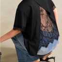 Verdusa Women's Plus Size Lace T Shirts Short Sleeve Asymmetrical Tops Loose Fit Going Out (Black)