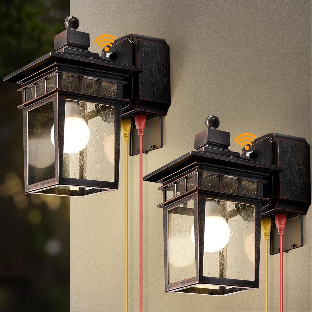 2 Pack Outdoor Light with GFCI Outlet,Antique Black and Bronze Gold Dusk to Dawn Porch Lights Outdoor Wall Light Fixture with Outlet,Aluminum Exterior Lighting Fixtures,Outside Lights for House