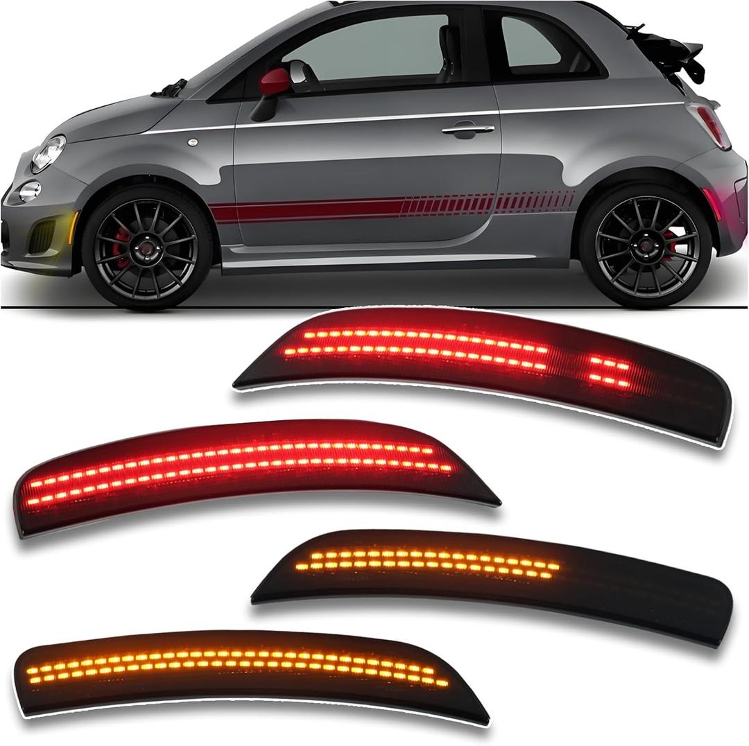 Smoke Dynamic LED Side Marker Light Kit for 2012-2017 Fiat 500 Abarth 2-Door Hatchback - Sequential Amber Front & Red Rear side marker Turn Signals | Plug & Play 4-Piece Kit