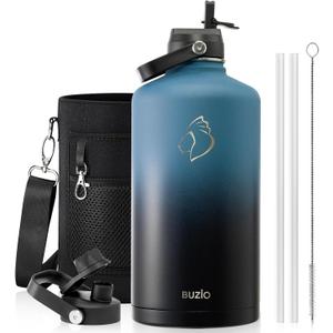 BUZIO 1 Gallon Water Bottle Insulated with Straw Lid, 128oz Large Water Jug Stainless Steel Metal Vacuum Water Flask Leak Proof 18/8 Food Grade Thermo Mug Keep Cold 48H & Hot 24H, Indigo Crush