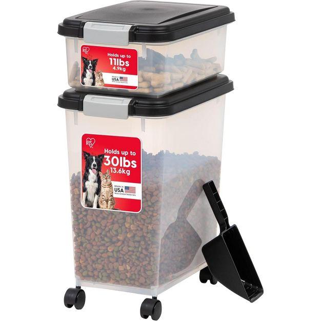 IRIS USA 30 lbs & 11 lbs Combo Airtight Dog Food Storage Container, Stackable Treat Box, 2-Cup Scoop, Casters, Keep Fresh, Easy Mobility, Black