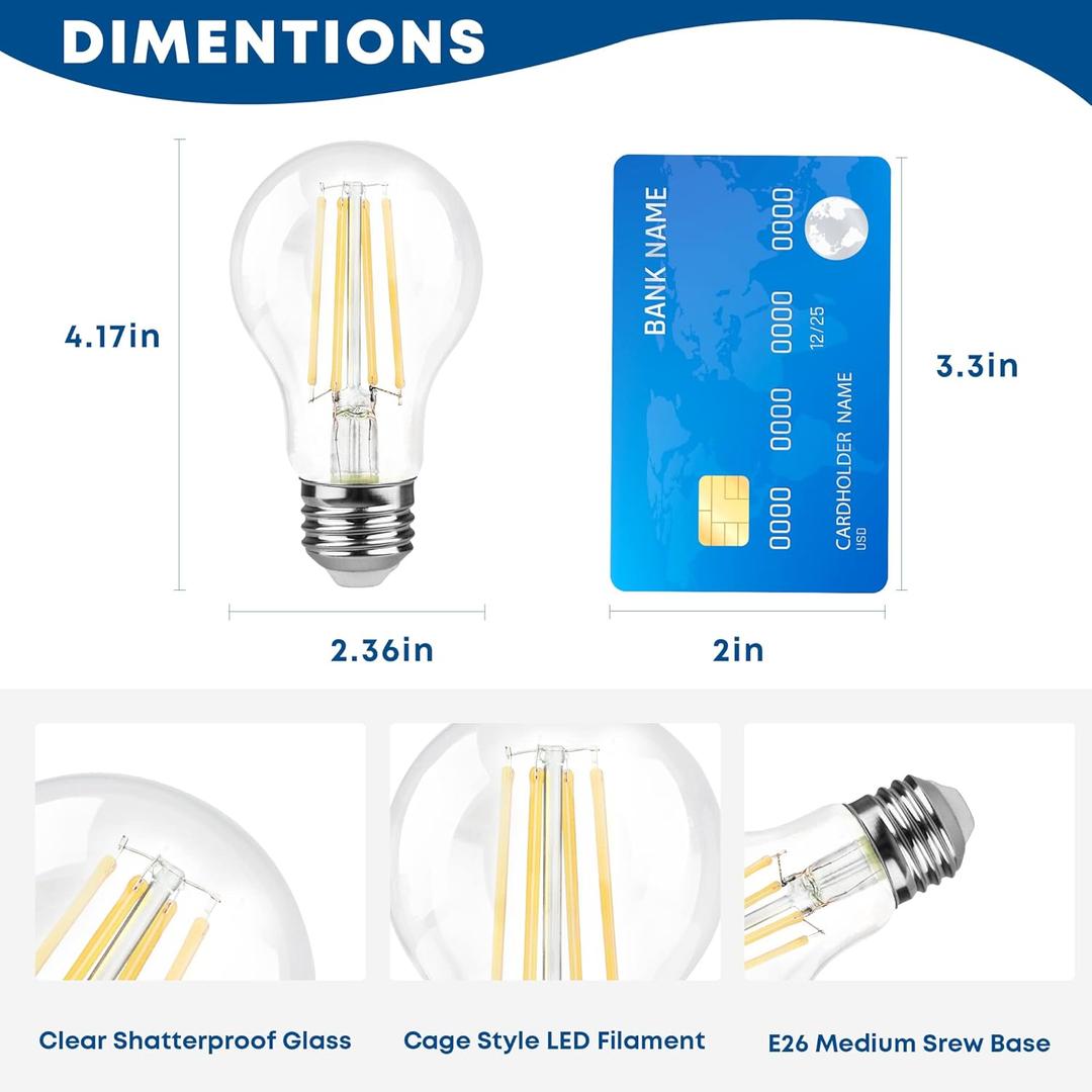 A19 LED Edison Bulbs 60W Equivalent, Energy Saving 800 Lumen Soft White E26 8W Non-Dimmable Clear 3000 Kelvin Natural Warm LED Light Bulbs, Antique House Lights, 6Pack