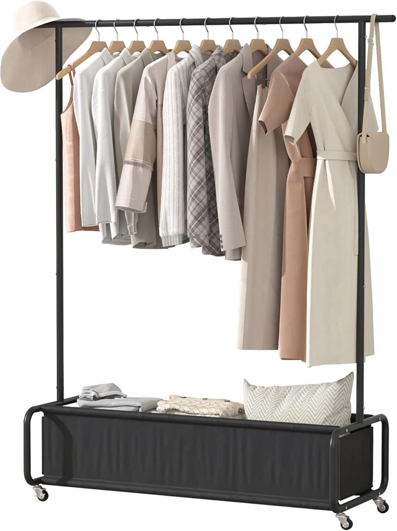 Clothes Rack With Large Storage Bag, Clothes Organizer Stand on Wheels, Garment Rack, Rolling Clothes Storage Cart, Coat Rack, for Bedroom, Laundry Room, Living-room, Black