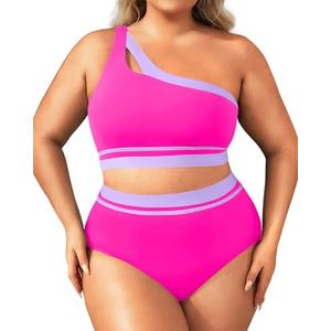 Aqua Eve Women Plus Size High Waisted Bikini One Shoulder Two Piece Swimsuit Color Block Bathing Suits.18