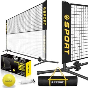 10 FT Mini Portable Tennis Net Equipment Set with Rubber Volleyball,Pump and Potable Carry Bag.Adjustable Height 2.7FT-5.1FT for Badminton Net, Volleyball Net,Soccer Net,Pickleball Net