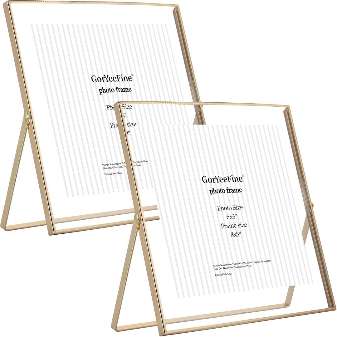 2-Pack Gold 8x8 Floating Photo Frames | Fits 6x6 Photos | Metal Beaded Design | Tabletop/Shelf Display | Elegant Wedding & Thanksgiving Gift, 8x8''For 6x6''2PK