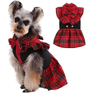 Kuoser Dog Classic Red Plaid Dress for Small Medium Dogs, Puppy Bowknot Tutu Dress with D-Ring Buckle, Cute Pet Vest Dog Princess Skirt for Wedding Holiday Party Photography Medium