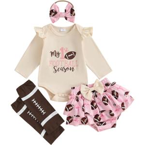 Newborn Baby Girl Football Outfit Game Day Rugby Print Romper with Tulle Skirt Set Headband 3Pcs Cute Summer Clothes (Beige)
