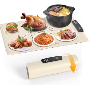 Food Warming Mat, Large Electric Warming Tray with 7 Temperature Settings 2-12H Timer and Child-Lock Fast Full Surface Heating Roll Up Food Warmers for Parties Buffet Gatherings Countertop (Off-White)