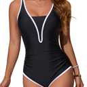 Smismivo One Piece Swimsuit Women Tummy Control Slimming Modest Bathing Suit Full Coverage Retro Ruched Swim Suits Long Torso Vintage Cute Swimwear Monokini for Teen Black White L