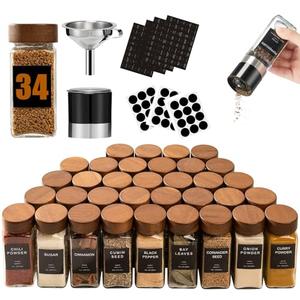 Yangbaga 30Pcs Glass Spice Jars with Labels-4oz Acacia Wood Lid Square Spice Containers with Pepper Grinder Lids &Funnel,Seasoning Jars for Rack Cabinet Drawer