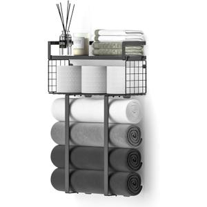 Towel Racks for Bathroom, Metal Towel Holder with Storage Basket,Wall Towel Rack for Rolled Towels, Towel Storage for Small Bathroom,Black (Large)