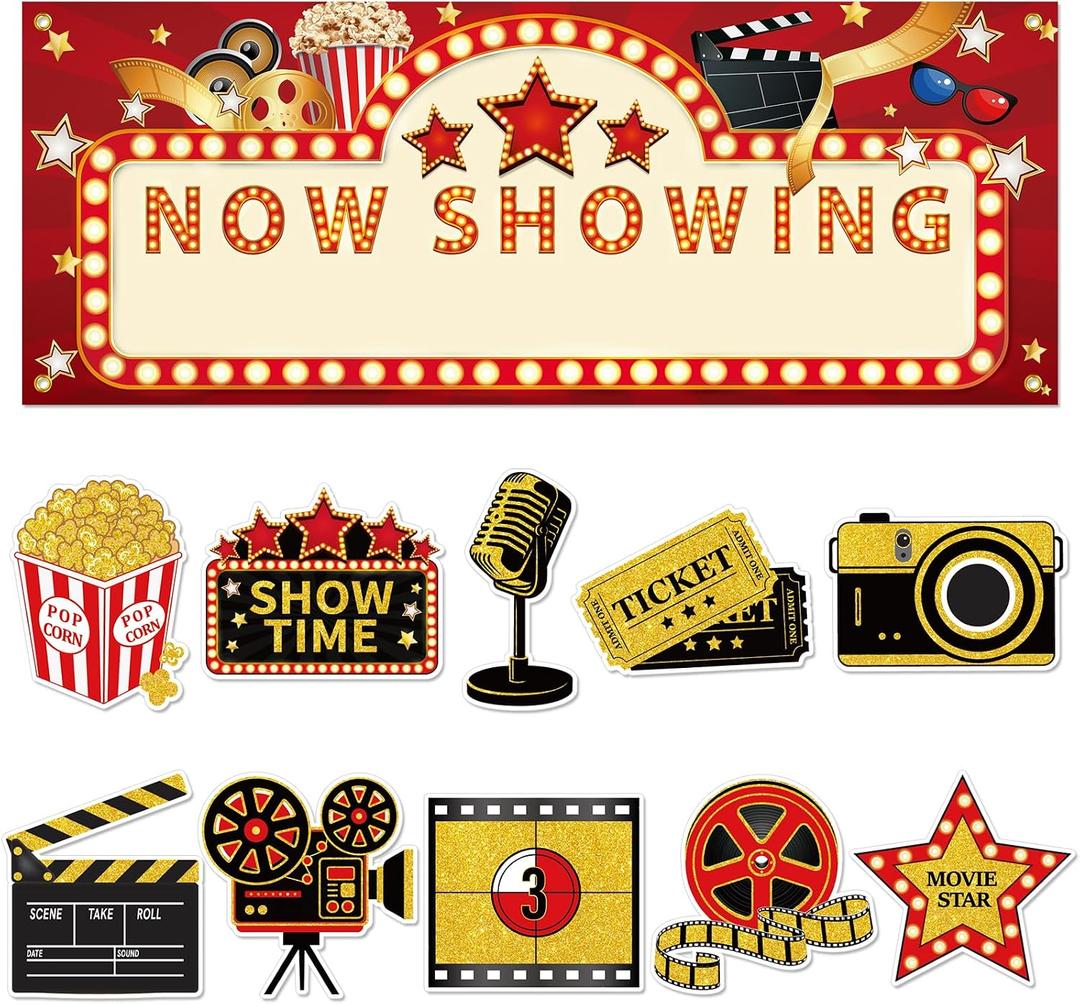 11 Pieces Movie Night Party Decorations Now Showing Banner Photography Background Movie Night Cutouts Double Sided Printing Red Carpet Clapboard Backdrop Cutout Party Cards Photo Booth Props Supplies