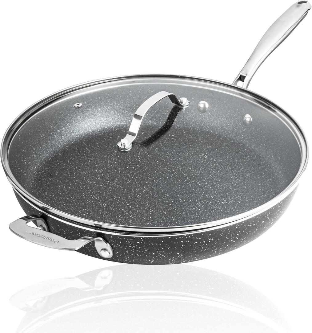Granitestone Ceraluxe 14 Inch Frying Pan with Lid, Family Sized Large Frying Pan Skillet with Ceramic Nonstick Coating, Non Toxic PFOA Free, Oven and Dishwasher Safe - Black