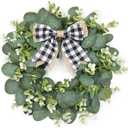 Dremisland 12" Artificial Eucalyptus Wreath with Plaid Bow | Spring Summer Green Leaf Wreath for Front Door Window Porch Farmhouse Decor Festival Celebration Home Decor (White & Black Plaid-Small)