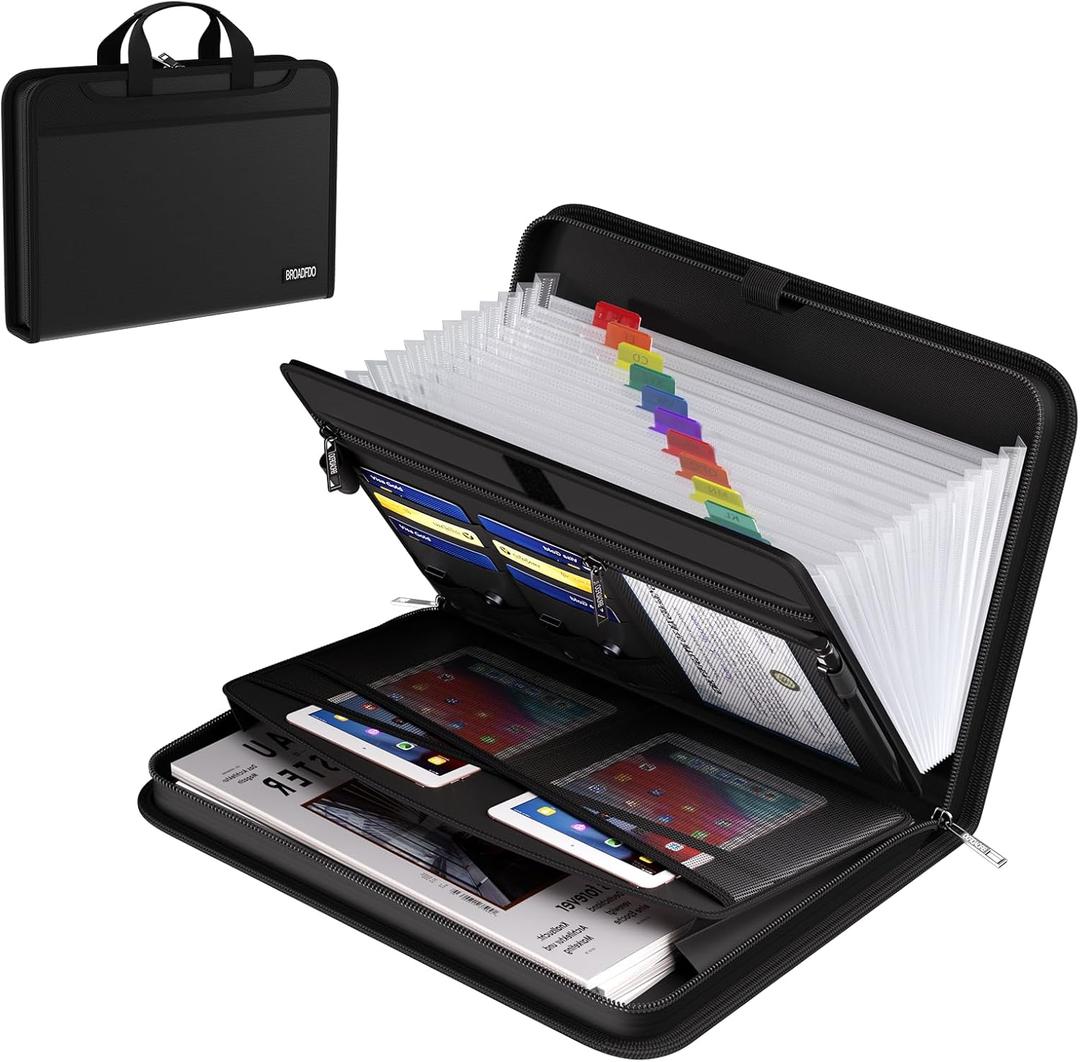 Fireproof & Waterproof Accordion File Organizer, 13-Pocket Expanding Document Organizer with Handle & Labels,Heat-Resistant fireproof file folder A4/Letter Files, Safe Travel File Organizer (Black)
