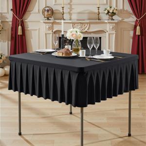 Shillance 34x34 Inch Black Spandex Square Tablecloth,Wrinkle Free Black Fitted Table Cloth for Square Tables,Washable Pleated Table Cover for Wedding Birthday Cocktail Party Buffet Dinner Camping