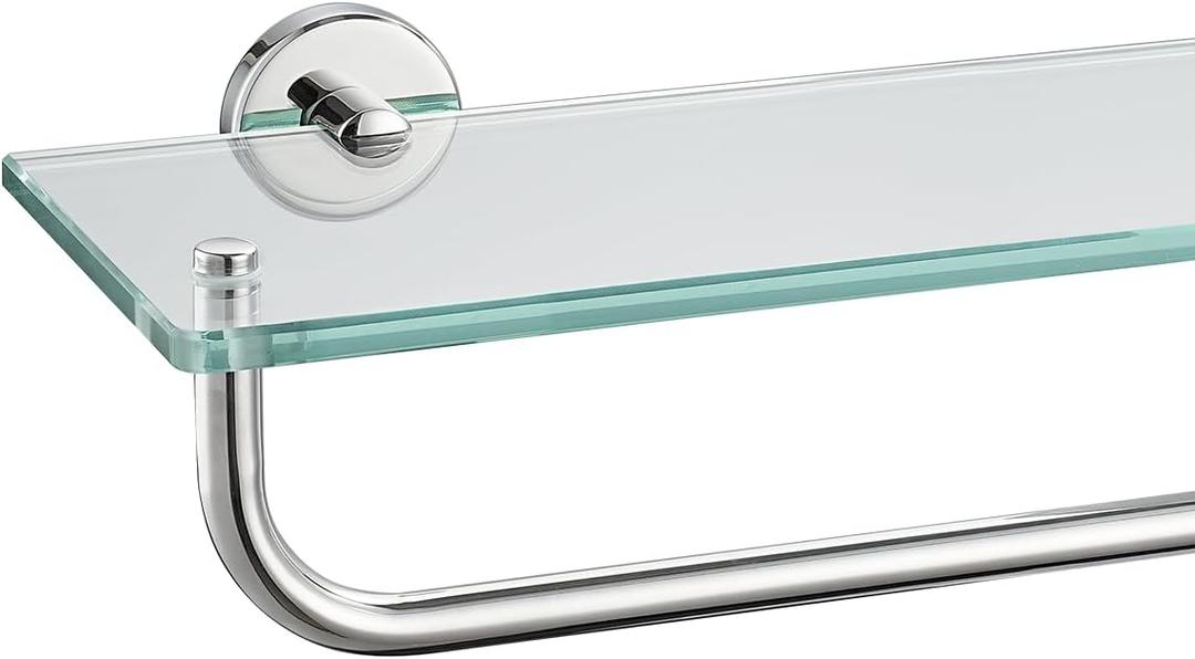 JQK Bathroom Glass Shelf Polished Chome, Shelf with 15 Inch Towel Bar Tempered Glass Shower Storage 16 by 5 inches, 304 Stainless Steel Silver Finish Wall Mount, TGS100-CH