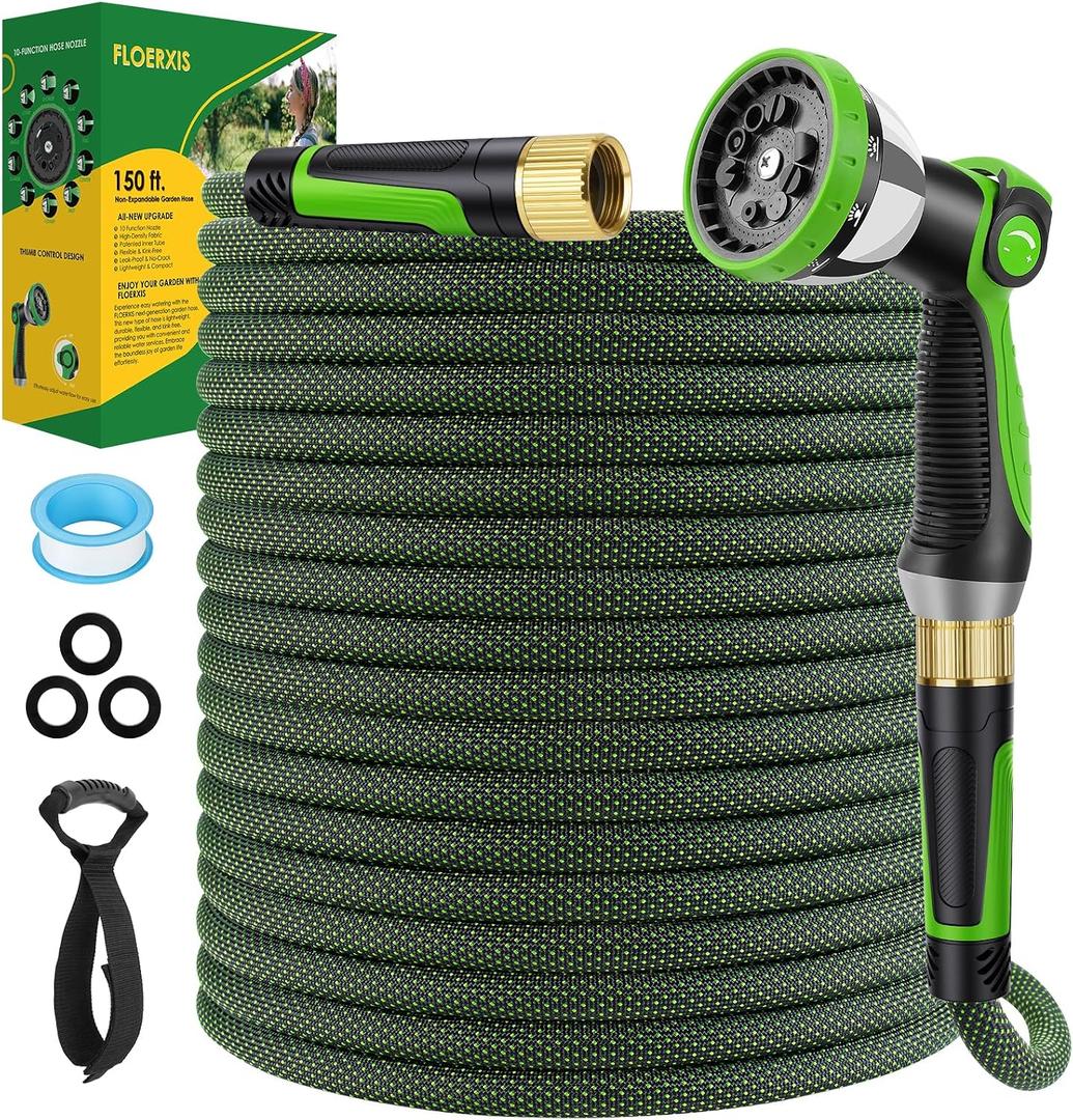 Non-Expandable Garden Hose 150 FT, Lightweight Hose with 10 Function Spray Nozzle, Kink-Free Flexible Water Hose, Durable, Leak-Proof, 360 Swivel Connectors, Portable Storage Strap