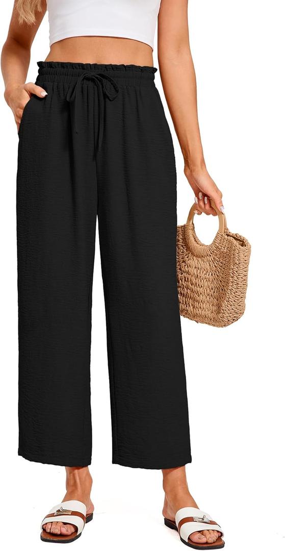 Women Summer Cropped Palazzo Pants Casual Wide Leg Flowy Ankle Pants Elastic Waist Beach Work Trousers with Pockets (Large, Black)