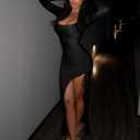 LAGSHIAN Women's Sexy Bodycon Cocktail Square Neck Long Sleeve High Split Ruched Midi Party Dress (Black)