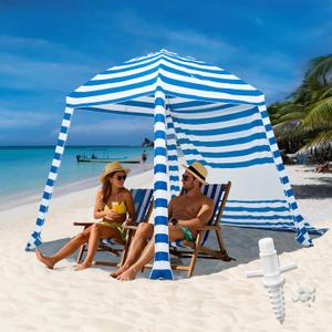 Grandekor Upgraded 6'6' Pop Up Beach Canopy Tent Dark Blue White Stripe | Beach Cabana for Family & Kids UPF 50+ Sun Shelter for Pool Camping with Sand Anchor Sidewall