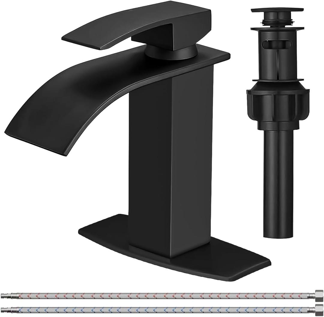 BESy Black Waterfall Bathroom Faucet, Single Hole 1 Hole 3 Holes Single Handle Bathroom Sink Faucet, Vanity Faucet with 6 Inch Deck Plate, cUPC Waterlines, Matte Black with Pop Up Drain