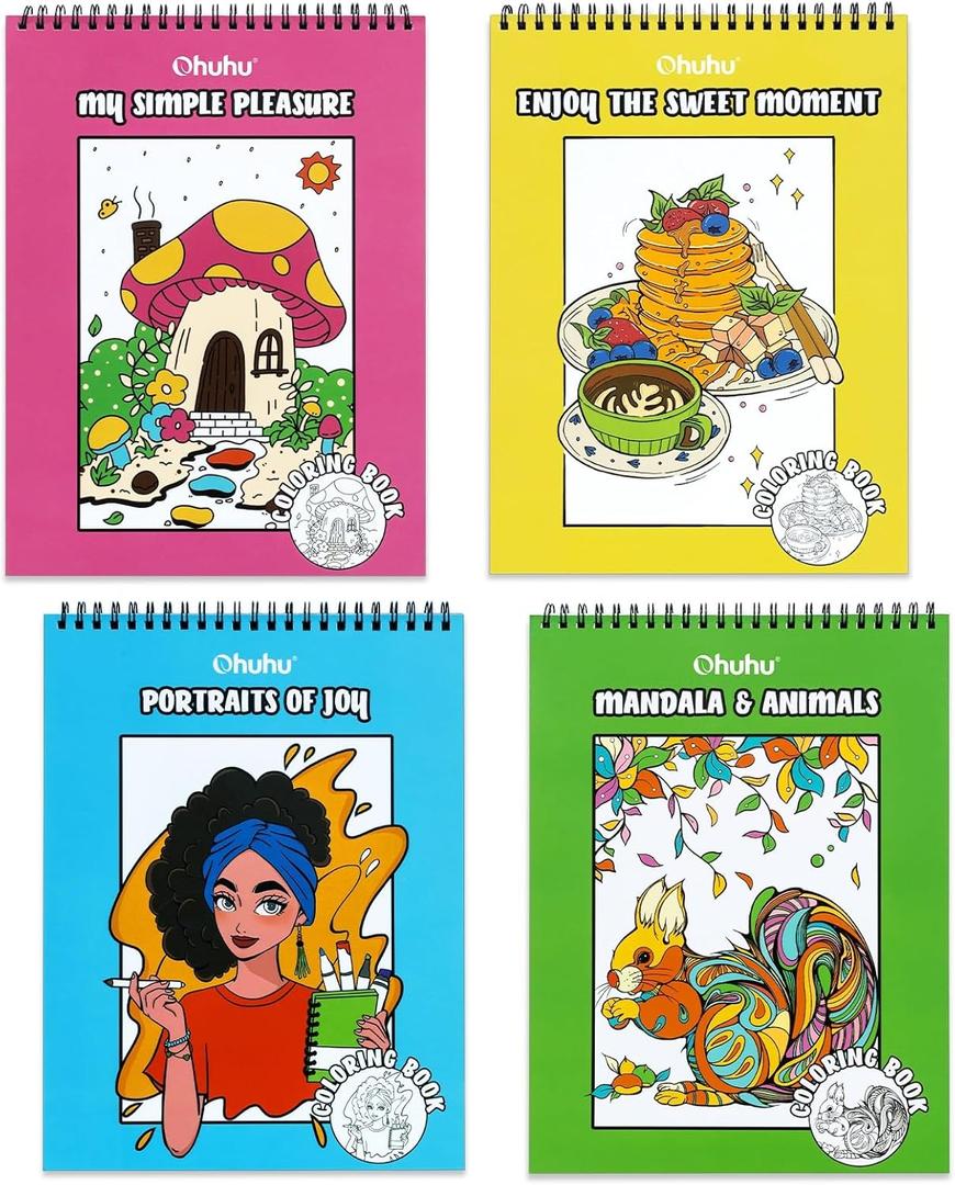Ohuhu Double-Sided Bleedproof Coloring Book for Alcohol Markers - 4 Sets of 8"x10" Coloring Books - 160 Stress-Relieving Animal Mandala Flower Dessert Portrait Designs for Adults and Teens