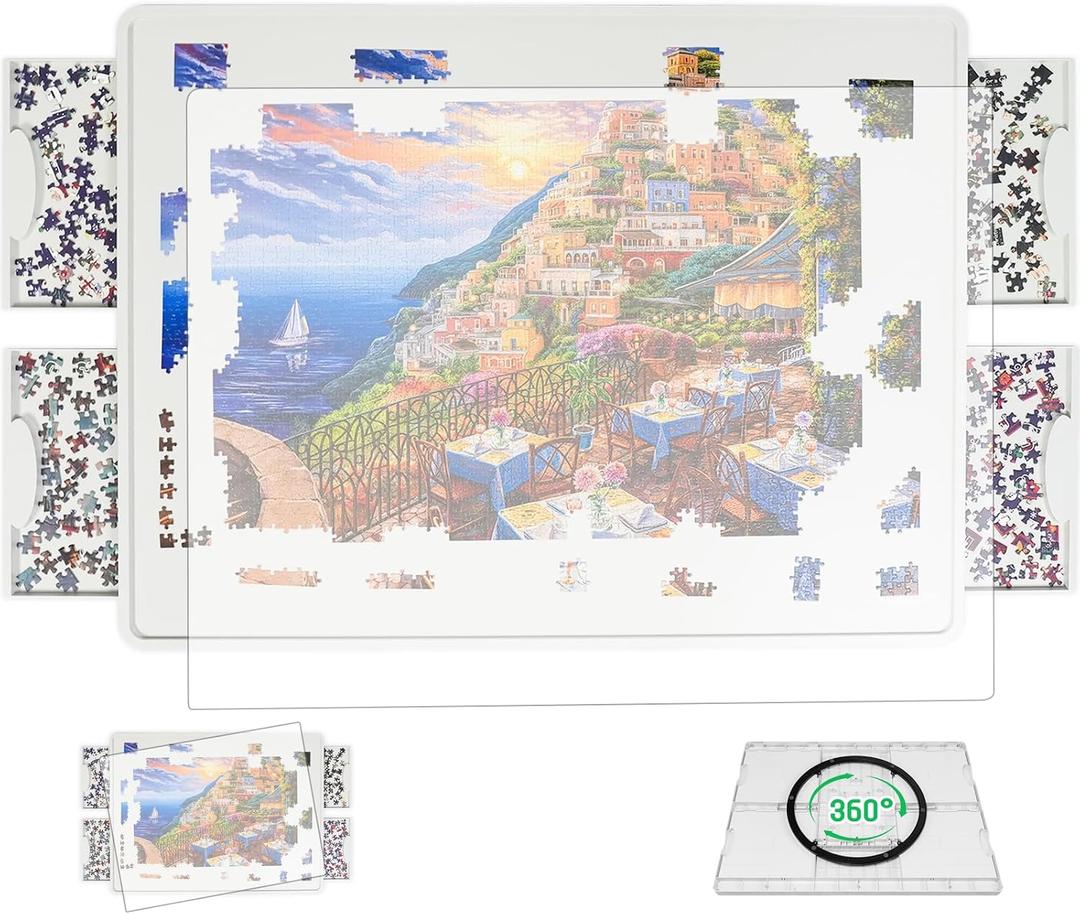 BuilderButler Lightweight 1500 Pieces Rotating Puzzle Board with 4 Sliding Drawers and Cover – 360° Lazy Susan Spinning, 25.59" x 34.25" Portable Plastic Puzzle Table, for Mom, Medium-1500pcs