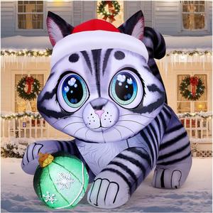 COMIN 5 FT Long Christmas Inflatables Outdoor Decorations Blow Up Xmas Civet Cat Playing with Christmas Balls with Built-in LEDs for Indoor Outdoor Yard Lawn Garden Decorations