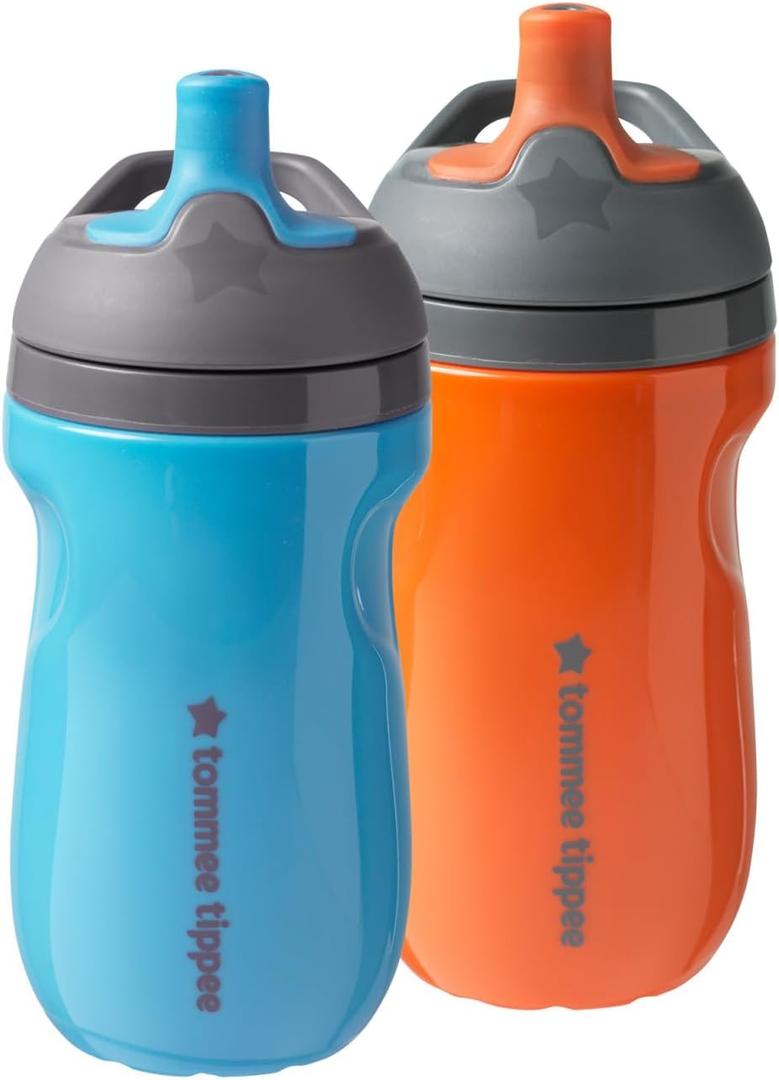 Tommee Tippee Insulated 9oz Sporty Spout Toddler Water Bottle, No Spill Sippy Cups for Toddlers 1-3, Two-Piece Valve Helps Stop Spills, Orange and Blue, BPA Free, Pack of 2