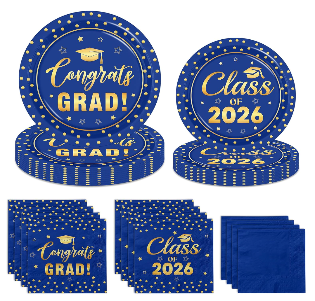 Blue and Gold Graduation Paper Plates and Napkins Serve 50, Polka Dots Graduation Decorations Class of 2026 Congrats Grad Decorations for College High School Grad Party Supplies