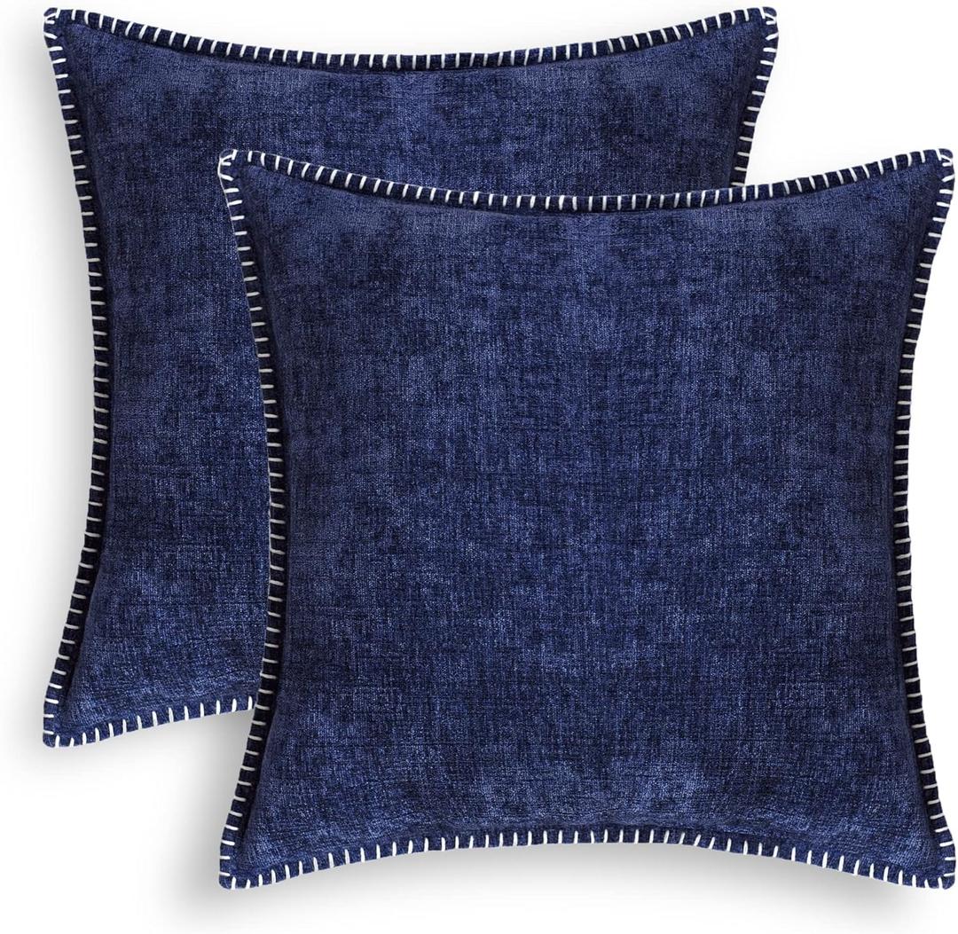 CaliTime Throw Pillow Covers Decorative 22 X 22 Inches Pack of 2 Cotton Thread Stitching Edges Solid Dyed Soft Chenille Cushion Cases for Couch Sofa Bed Living Room Farmhouse Navy Blue