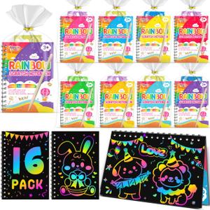 Scratch Paper Art Party Favors for Kids: 16 Pack Rainbow Scratch Notebook, Goodie Bags Stuffers Coloring Books Party Favors for Kids 3-12, Bulk Classroom Birthday Gifts for Student